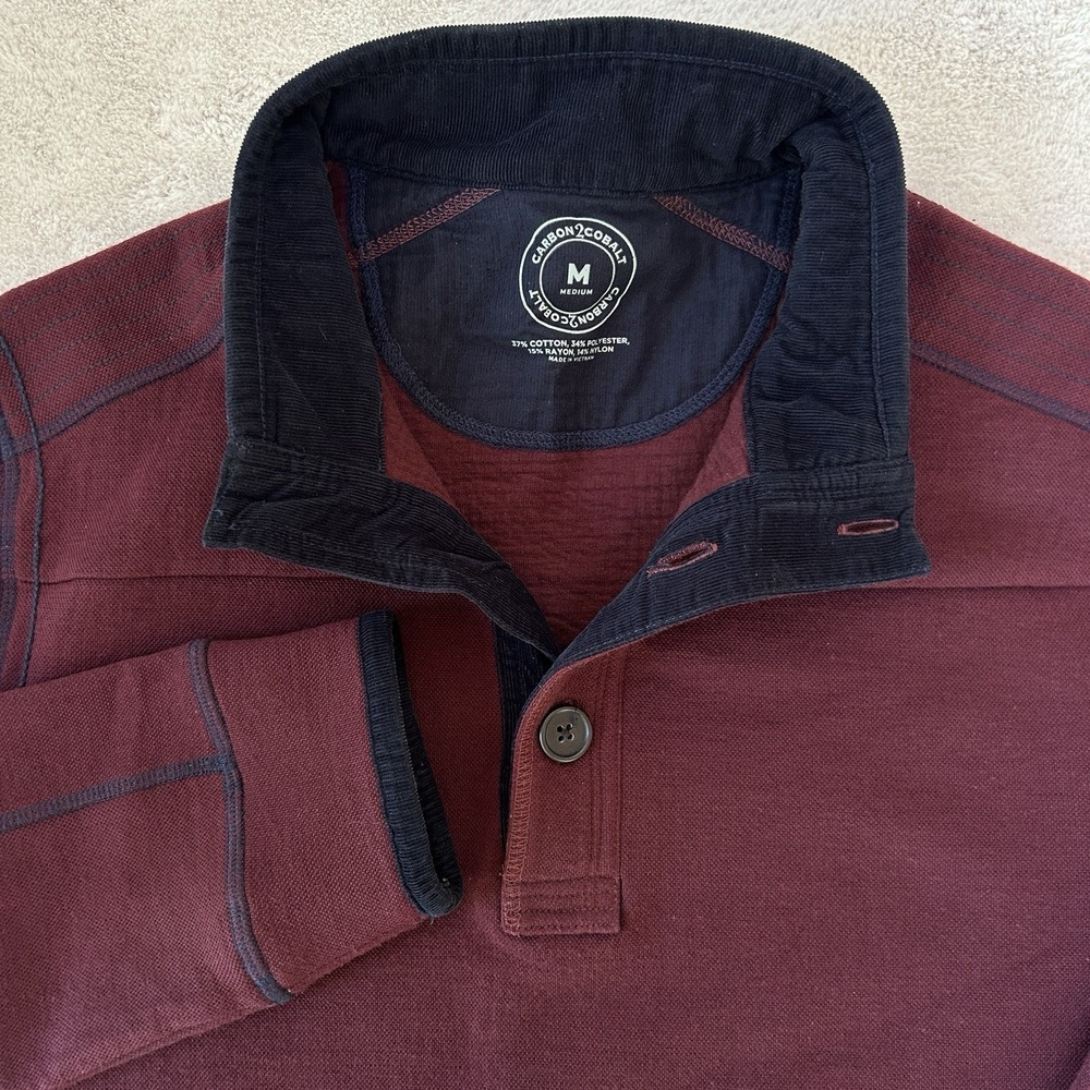 Carbon2Cobalt Sweater Mens Med Red Solid Cotton 1/4 Button Pullover Soft EUC